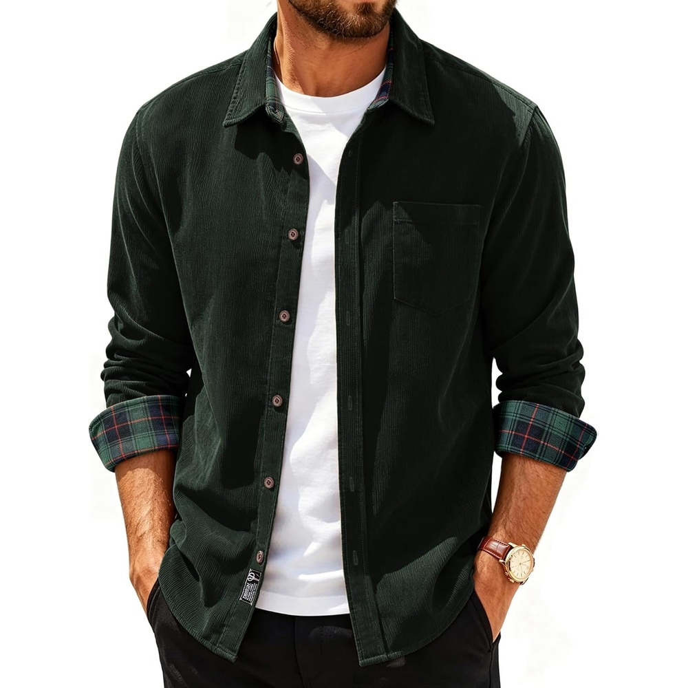 image:imagePJ PAUL JONES Mens Corduroy Long Sleeve Button Down 100 Cotton ShirtArmy Green