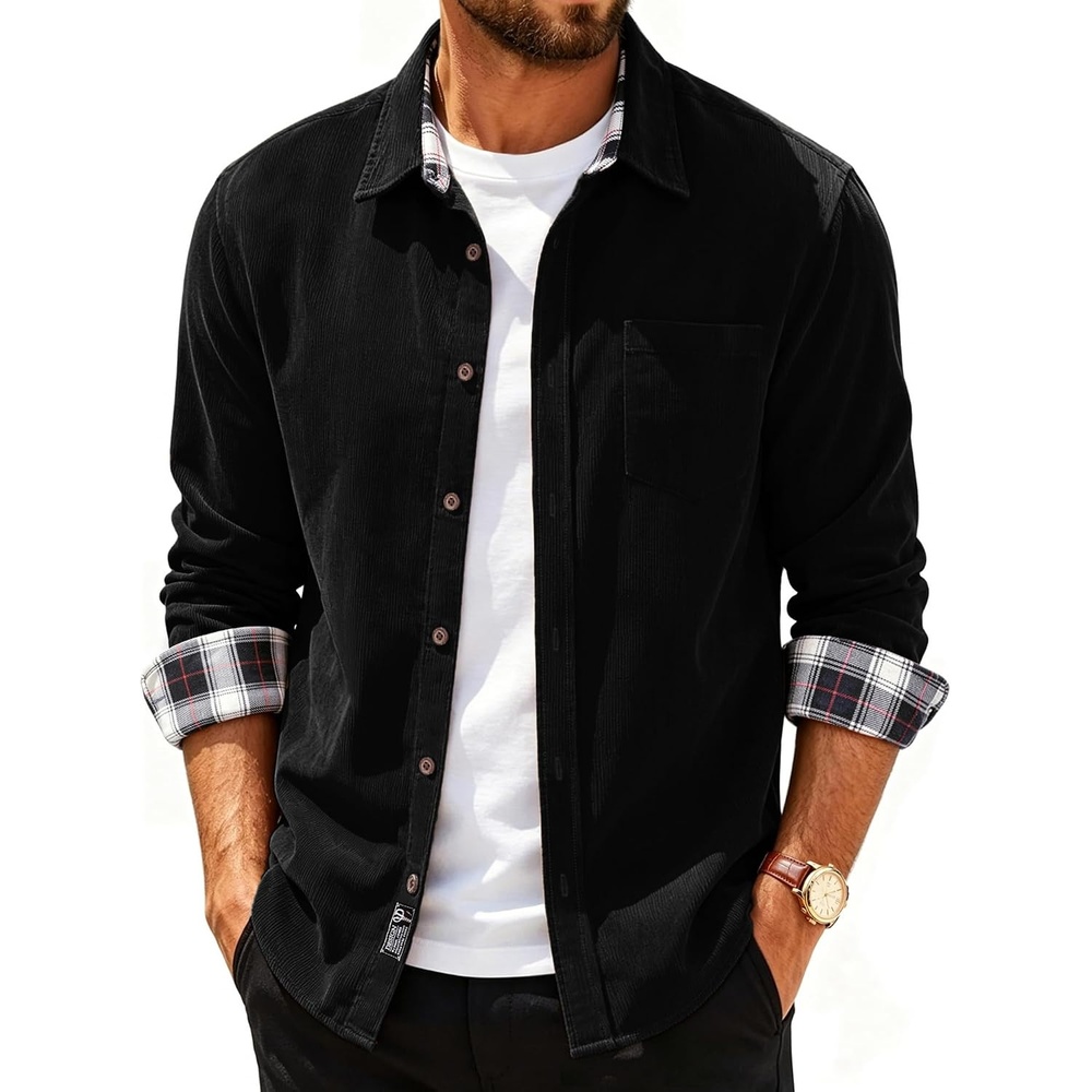 image:imagePJ PAUL JONES Mens Corduroy Long Sleeve Button Down 100 Cotton ShirtBlack