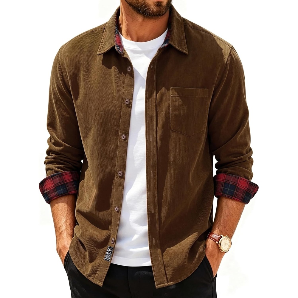 image:imagePJ PAUL JONES Mens Corduroy Long Sleeve Button Down 100 Cotton ShirtBrown