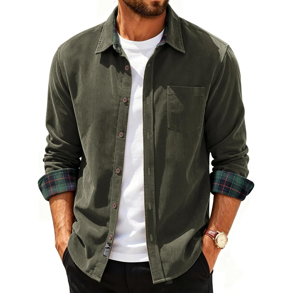 image:imagePJ PAUL JONES Mens Corduroy Long Sleeve Button Down 100 Cotton ShirtGray Green