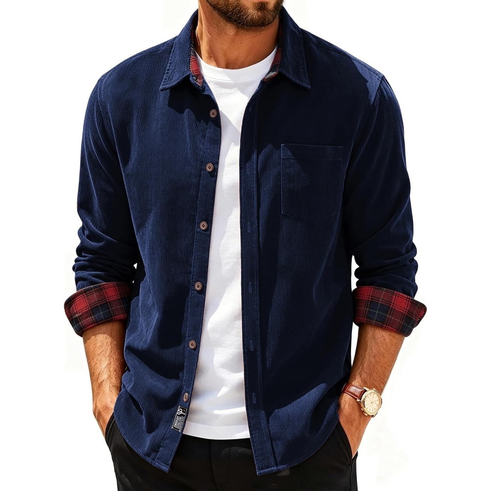 image:imagePJ PAUL JONES Mens Corduroy Long Sleeve Button Down 100 Cotton ShirtNavy Blue