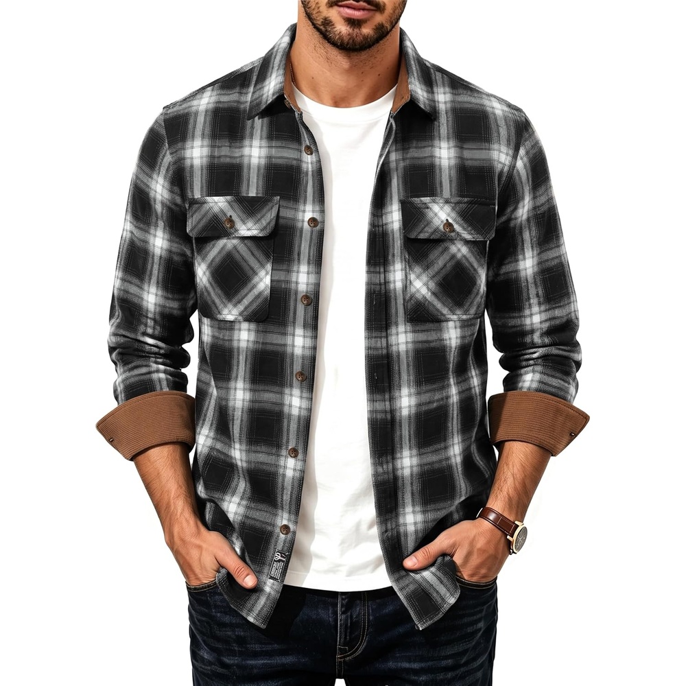image:imagePJ PAUL JONES Mens Cotton Flannel Long Sleeve Button Down Plaid Work ShirtBlack Ombre