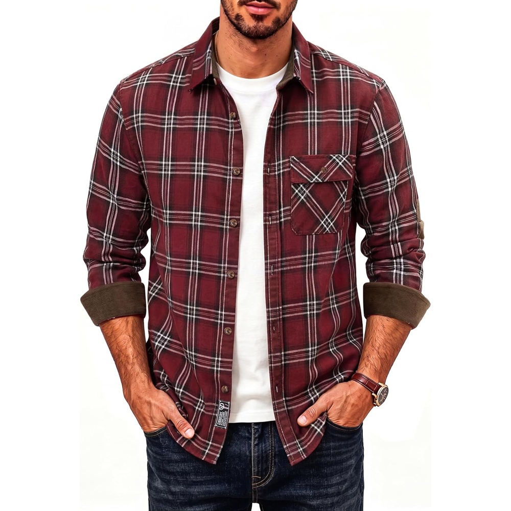image:imagePJ PAUL JONES Mens Cotton Flannel Long Sleeve Button Down Plaid Work ShirtBurgundy Red