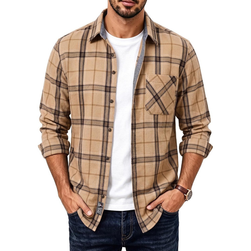 image:imagePJ PAUL JONES Mens Cotton Flannel Long Sleeve Button Down Plaid Work ShirtCamel Taupe Plaid