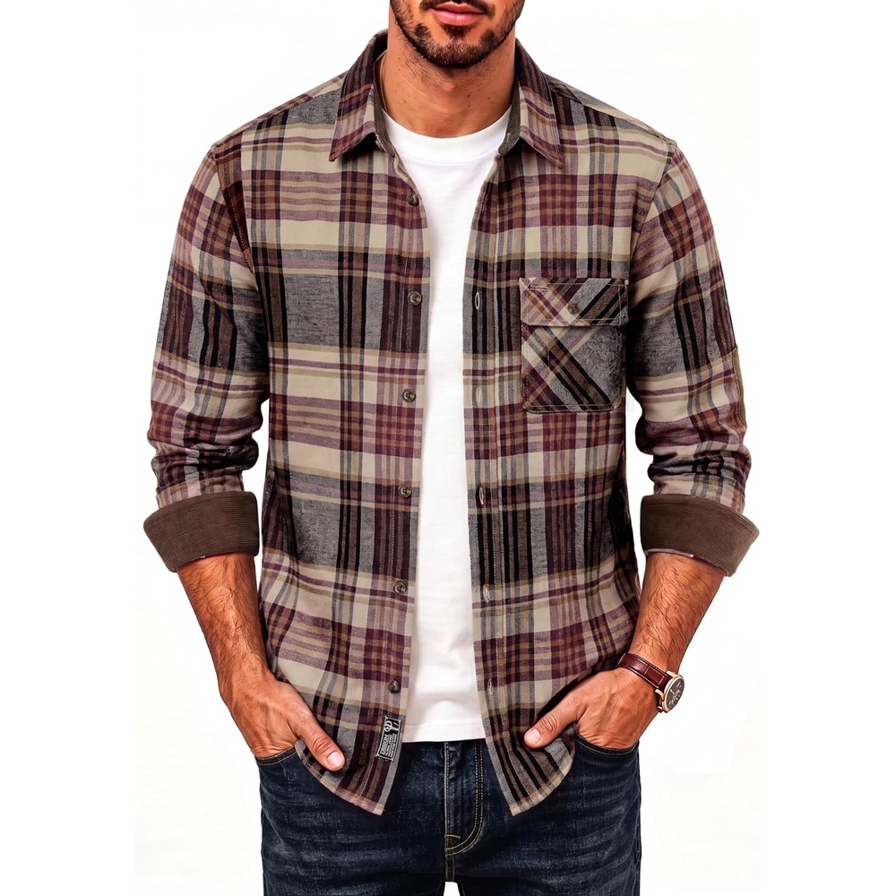 image:imagePJ PAUL JONES Mens Cotton Flannel Long Sleeve Button Down Plaid Work ShirtCoffee Burgundy Plaid