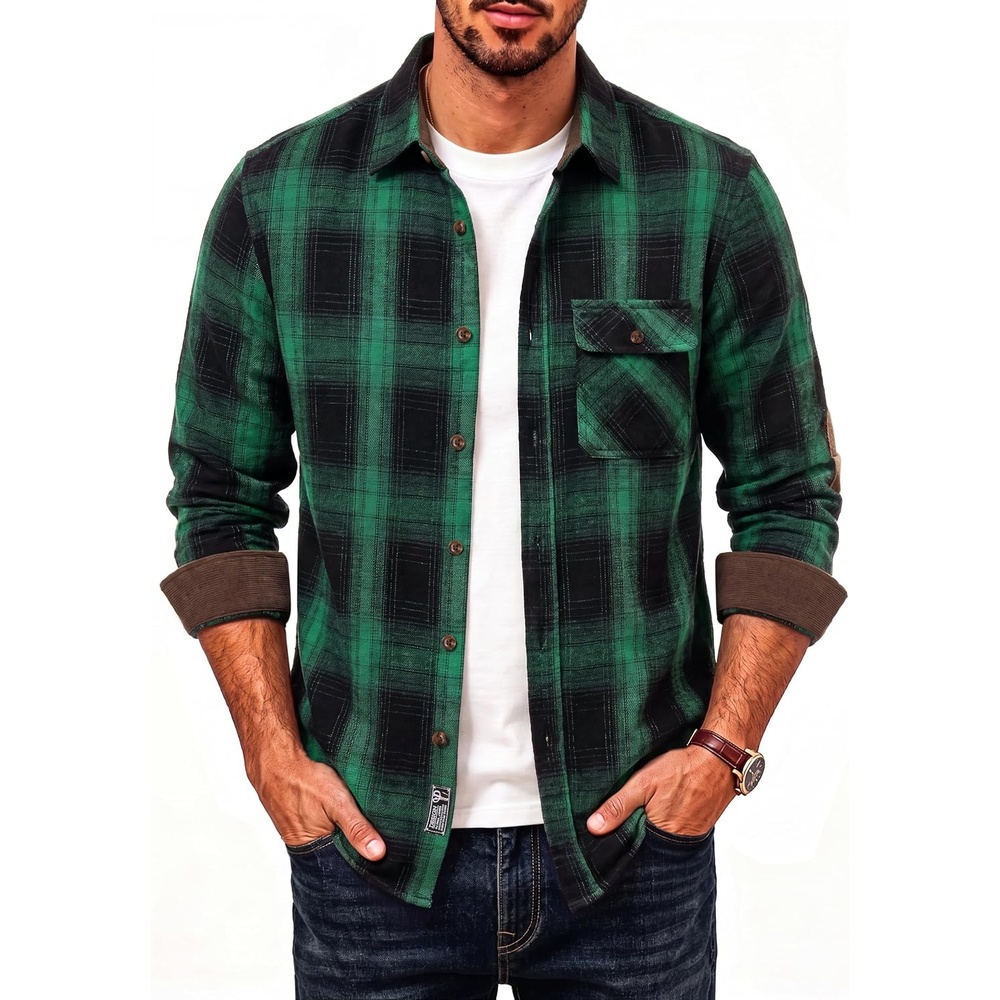 image:imagePJ PAUL JONES Mens Cotton Flannel Long Sleeve Button Down Plaid Work ShirtForest Green Paid