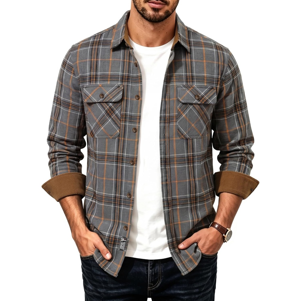 image:imagePJ PAUL JONES Mens Cotton Flannel Long Sleeve Button Down Plaid Work ShirtGrey Tan Plaid