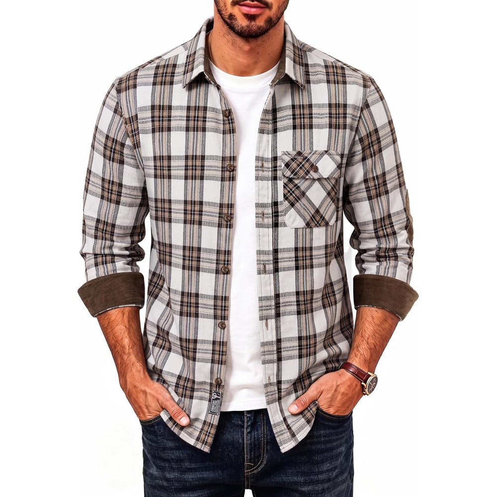 image:imagePJ PAUL JONES Mens Cotton Flannel Long Sleeve Button Down Plaid Work ShirtKhaki Brown Paid