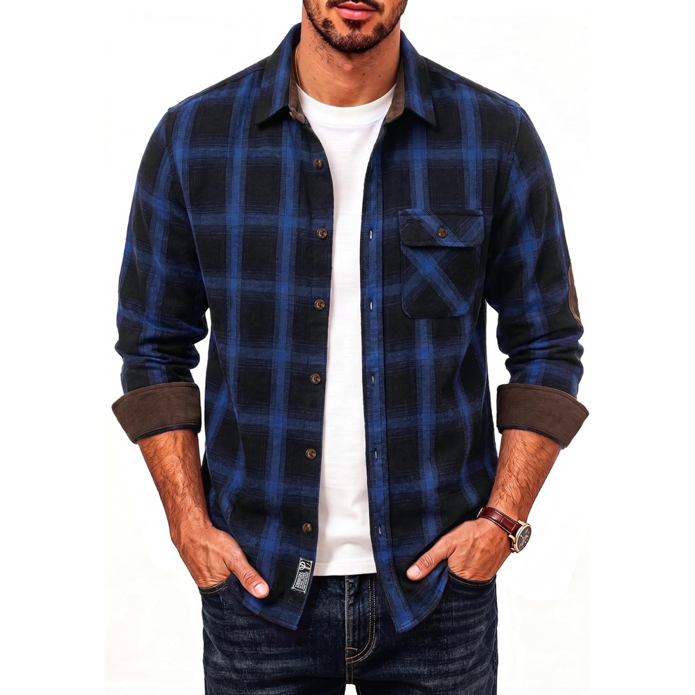 image:imagePJ PAUL JONES Mens Cotton Flannel Long Sleeve Button Down Plaid Work ShirtNavy Blue Plaid