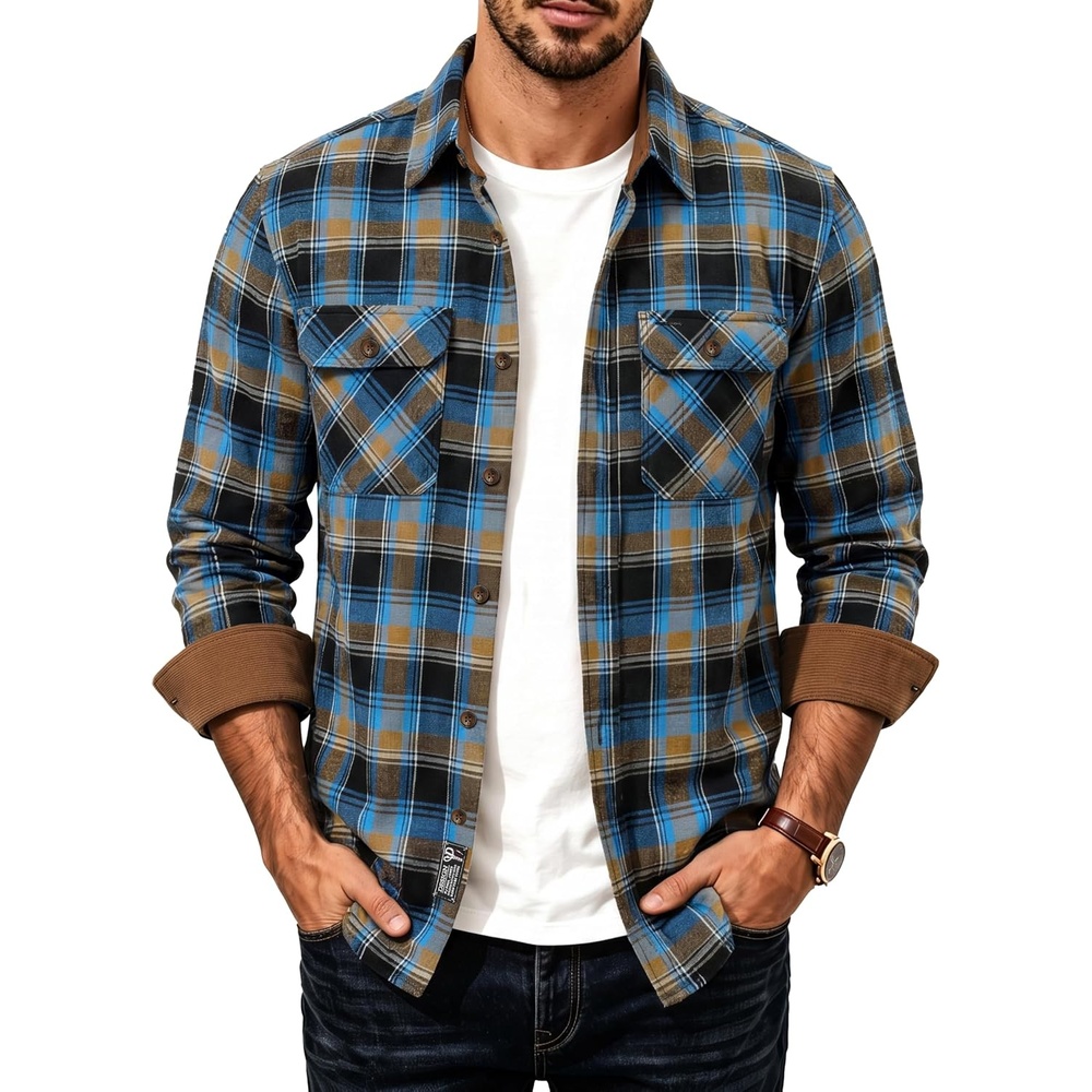 image:imagePJ PAUL JONES Mens Cotton Flannel Long Sleeve Button Down Plaid Work ShirtRoyal Blue Tan