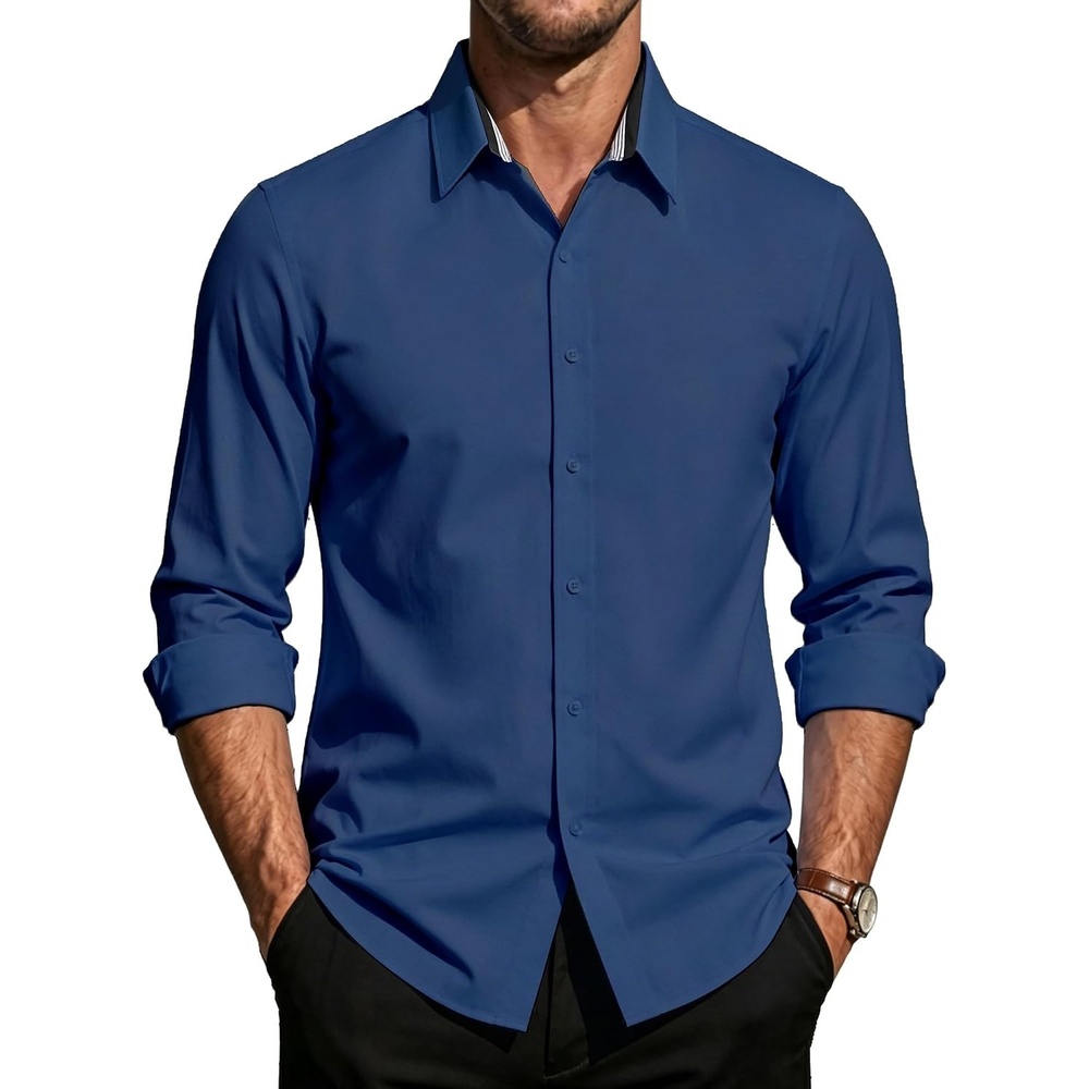 image:imagePJ PAUL JONES Mens Dress Shirts Long Sleeve Wrinkle Free Button Down ShirtDark Blue