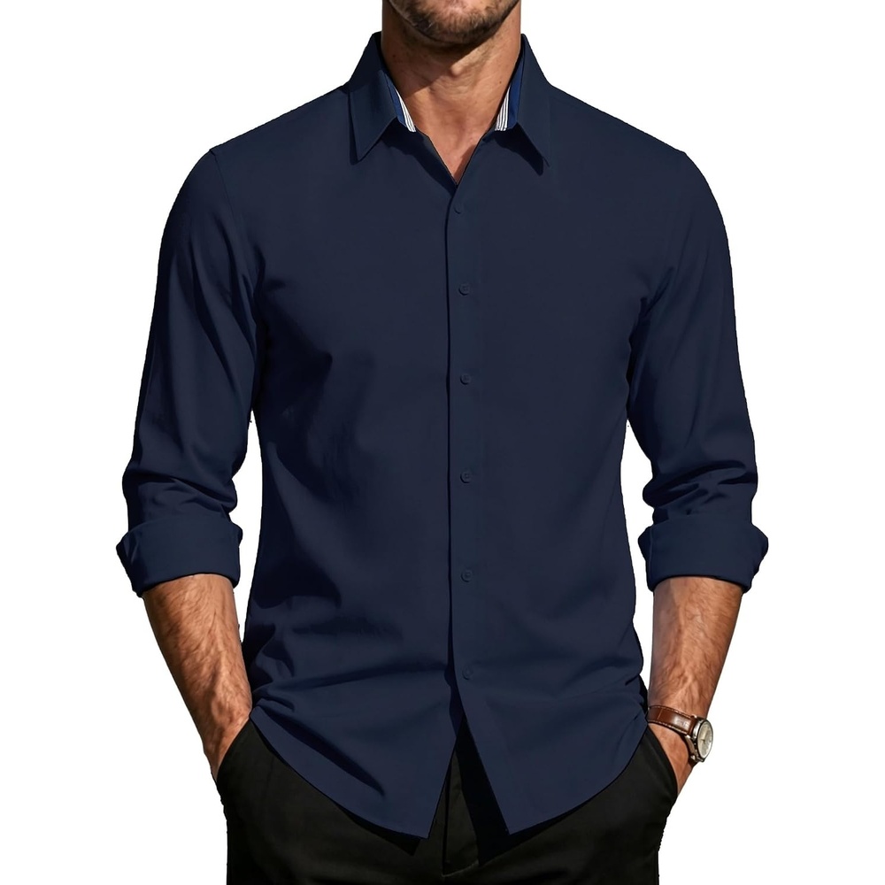 image:imagePJ PAUL JONES Mens Dress Shirts Long Sleeve Wrinkle Free Button Down ShirtNavy Blue