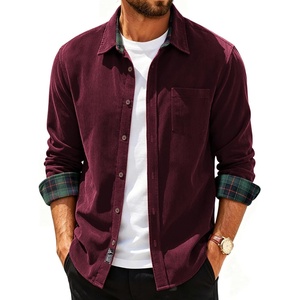 PJ PAUL JONES Mens Corduroy Long Sleeve Button Down 100% Cotton Shirt(Dark Red)